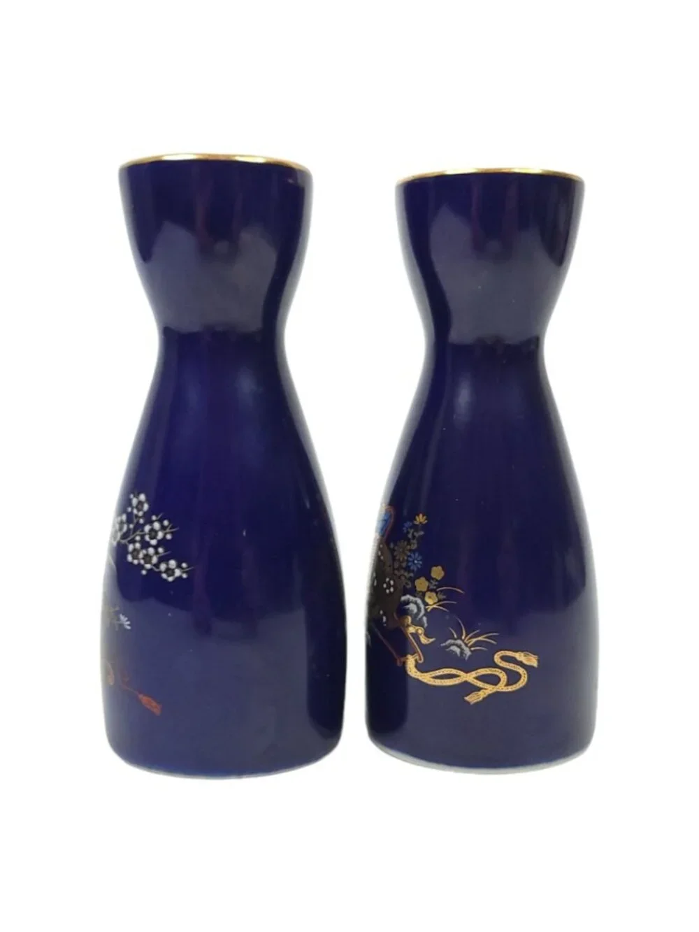 Japanese Kutani Style Cobalt Blue Ceramic Sake Carafe Set Flower Vintage Japan